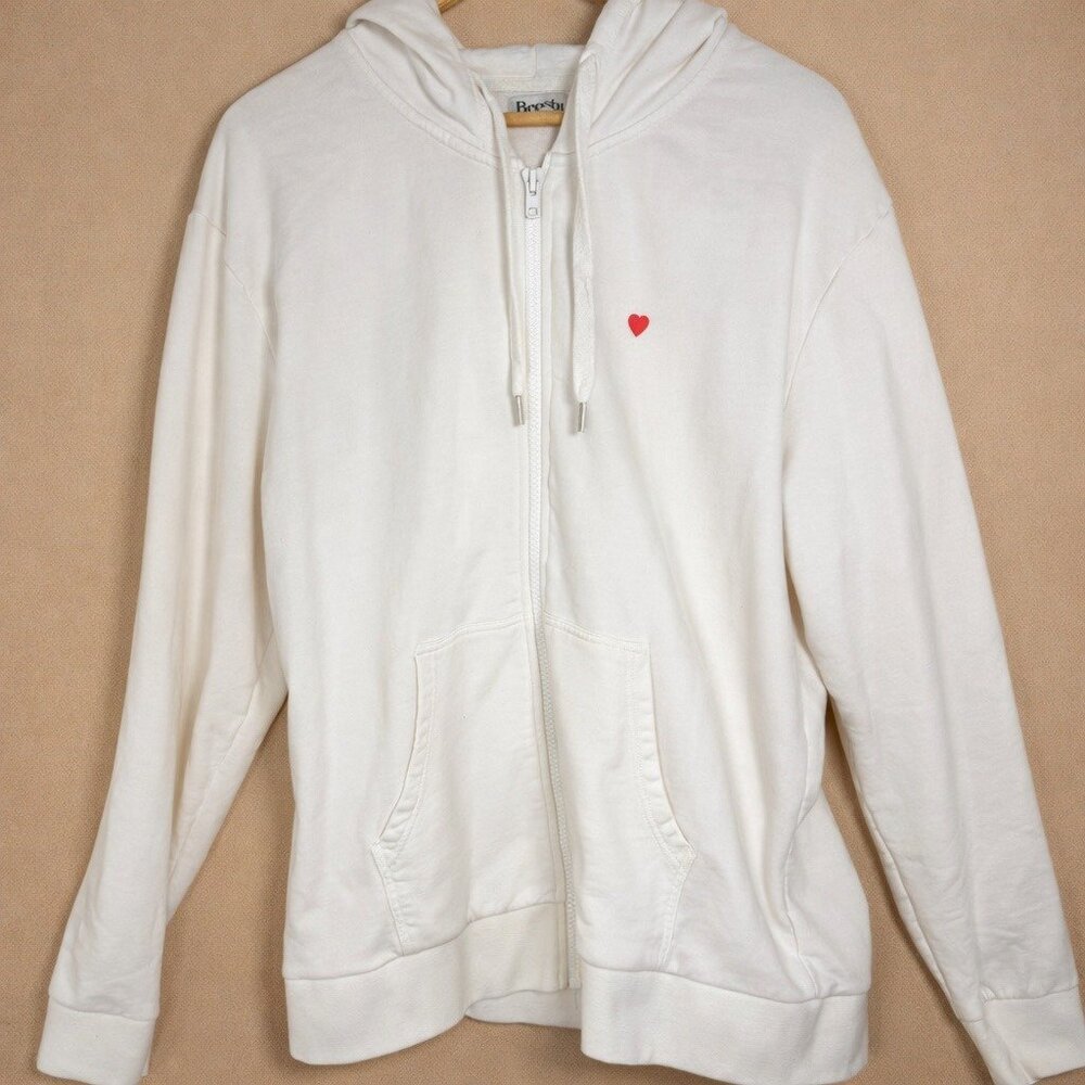 Brosbi White Zip Hoodie Icon Heart Minimalist Streetwear XXL Cotton French Terry